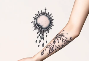 A large sun melting a snow flake and the snow flakes turning into rain drops as it rains down tattoo idea