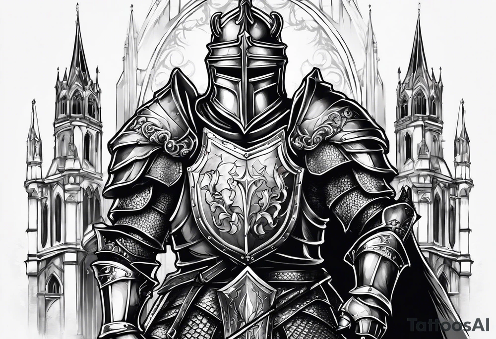 knight heavy armor in front of cathedral tattoo idea