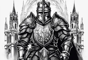 knight heavy armor in front of cathedral tattoo idea