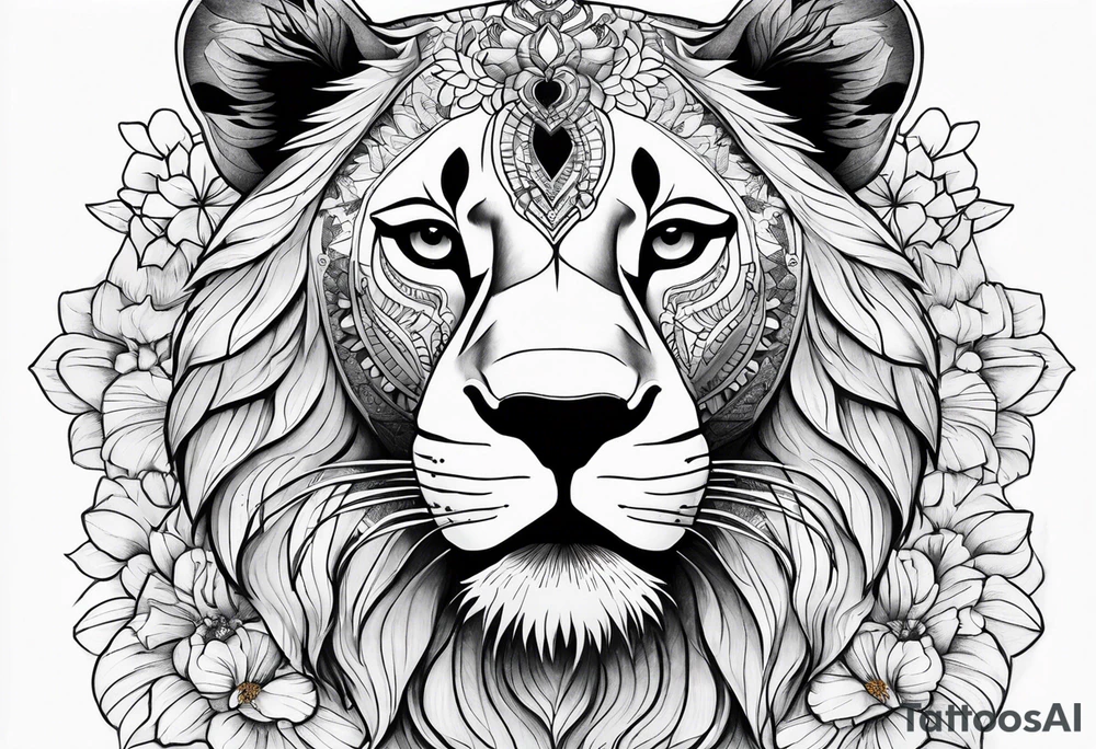 Full back piece mandala lioness flowers tattoo idea