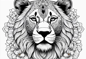 Full back piece mandala lioness flowers tattoo idea