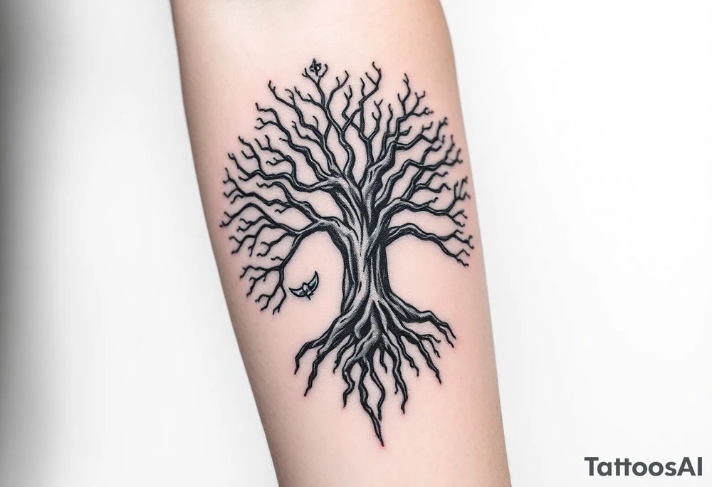 mystical tree of life with cosmic roots and celestial branches tattoo idea