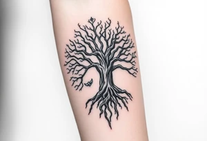 mystical tree of life with cosmic roots and celestial branches tattoo idea