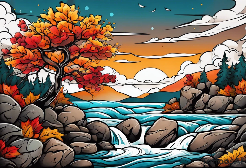thigh tattoo in fall colors, showing, li, water flow, rocks, sky, clouds, leaves, roses tattoo idea