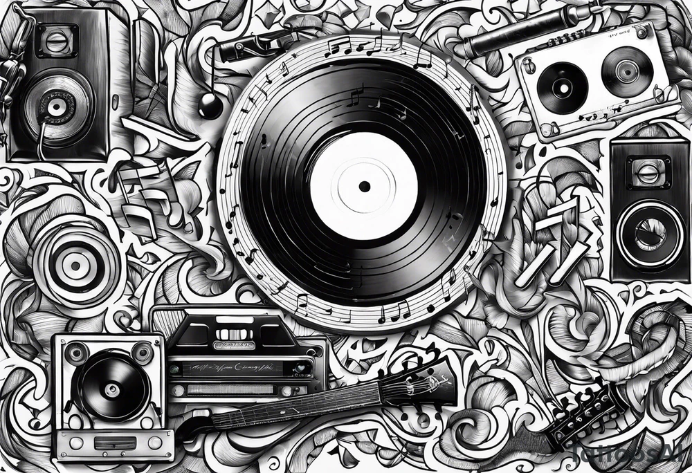 music notes surrounded by a record, a cassette tape, and saxophone parts tattoo idea