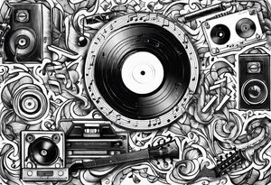 music notes surrounded by a record, a cassette tape, and saxophone parts tattoo idea