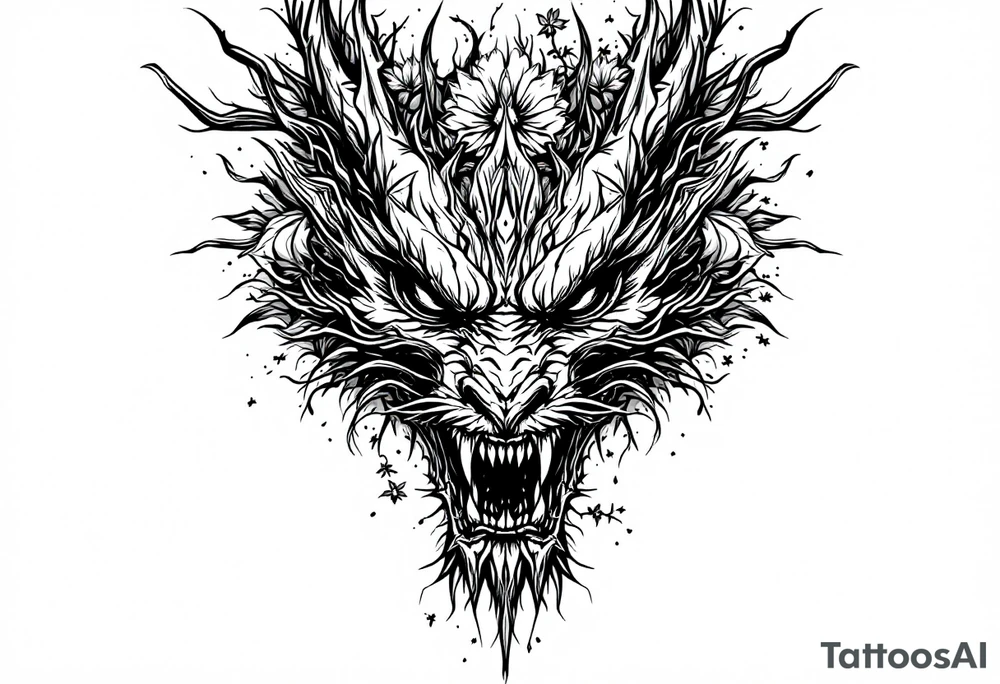 scary dragon face down with flowers tattoo idea
