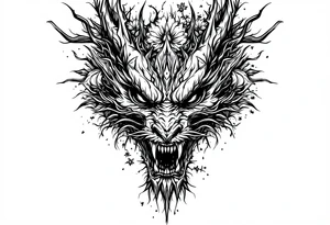 scary dragon face down with flowers tattoo idea