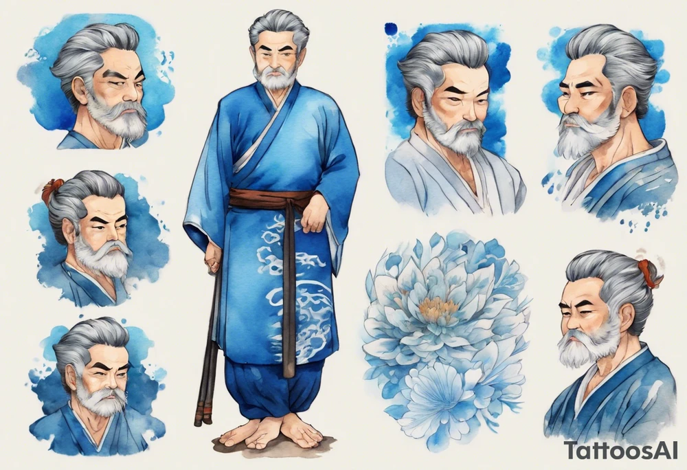 a handsome persian middle-aged man with short salt-and-pepper hair wearing a blue tunic tattoo idea