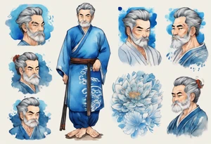 a handsome persian middle-aged man with short salt-and-pepper hair wearing a blue tunic tattoo idea