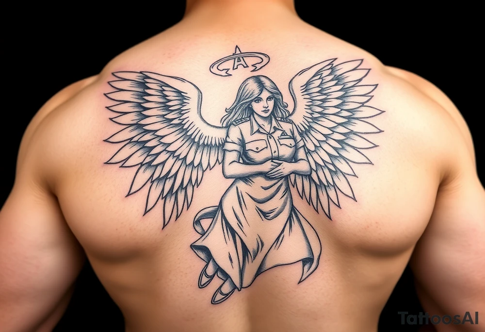Muscular male guardian angel carrying female officer in the United States coast guard religious tattoo idea