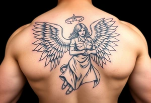 Muscular male guardian angel carrying female officer in the United States coast guard religious tattoo idea