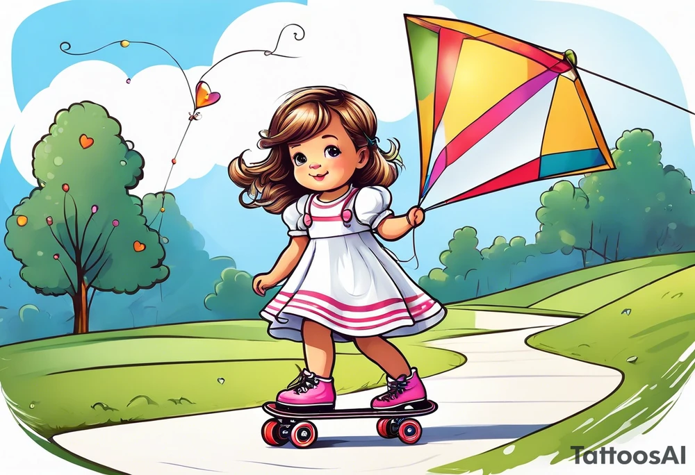 a little girl in a dress standing with a teddy bear in roller skates, flying a kite tattoo idea
