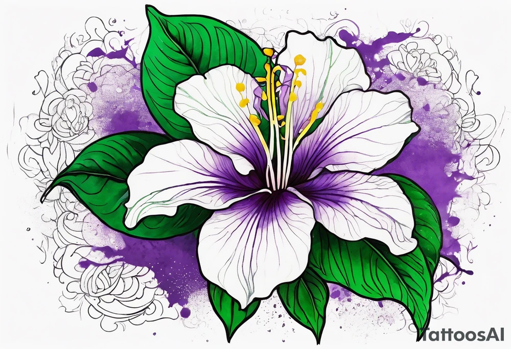 An outline of a rio dipladenia flower with a mystical green/purple watercolor splash in the background tattoo idea