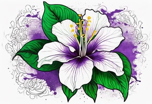 An outline of a rio dipladenia flower with a mystical green/purple watercolor splash in the background tattoo idea