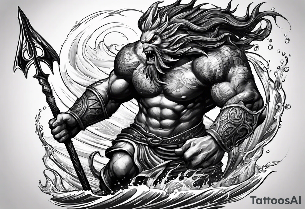 posseidon with his trident in the water fighting a sea water monster tattoo idea