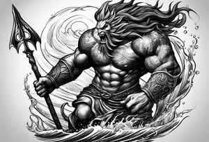 posseidon with his trident in the water fighting a sea water monster tattoo idea