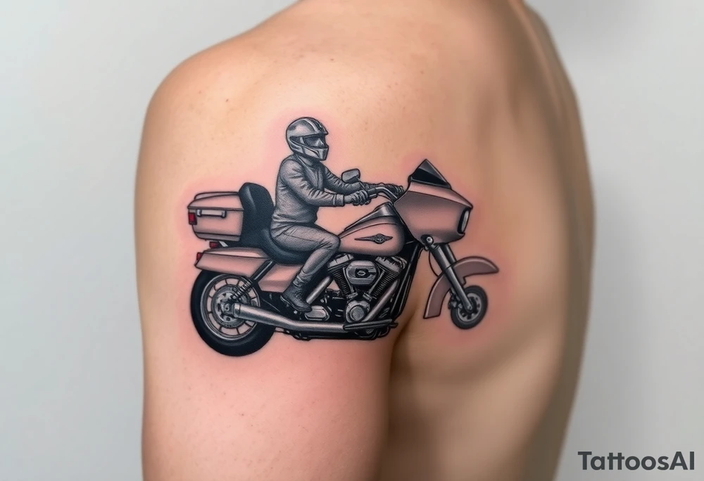 a two person on a Harley Road Glide 2018 on a forearm and a harley's engine on the top of the hand make it as realistic and use the arm to place the tatoo (Still not realistic) It's looking like a cartoon tattoo idea