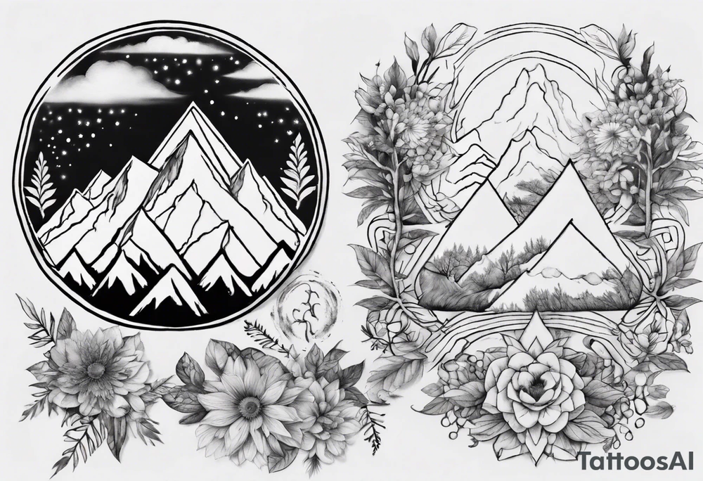 •	Create a mandala incorporating elements of nature like mountains, trees, and rivers to symbolize harmony and balance. tattoo idea