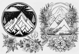 •	Create a mandala incorporating elements of nature like mountains, trees, and rivers to symbolize harmony and balance. tattoo idea