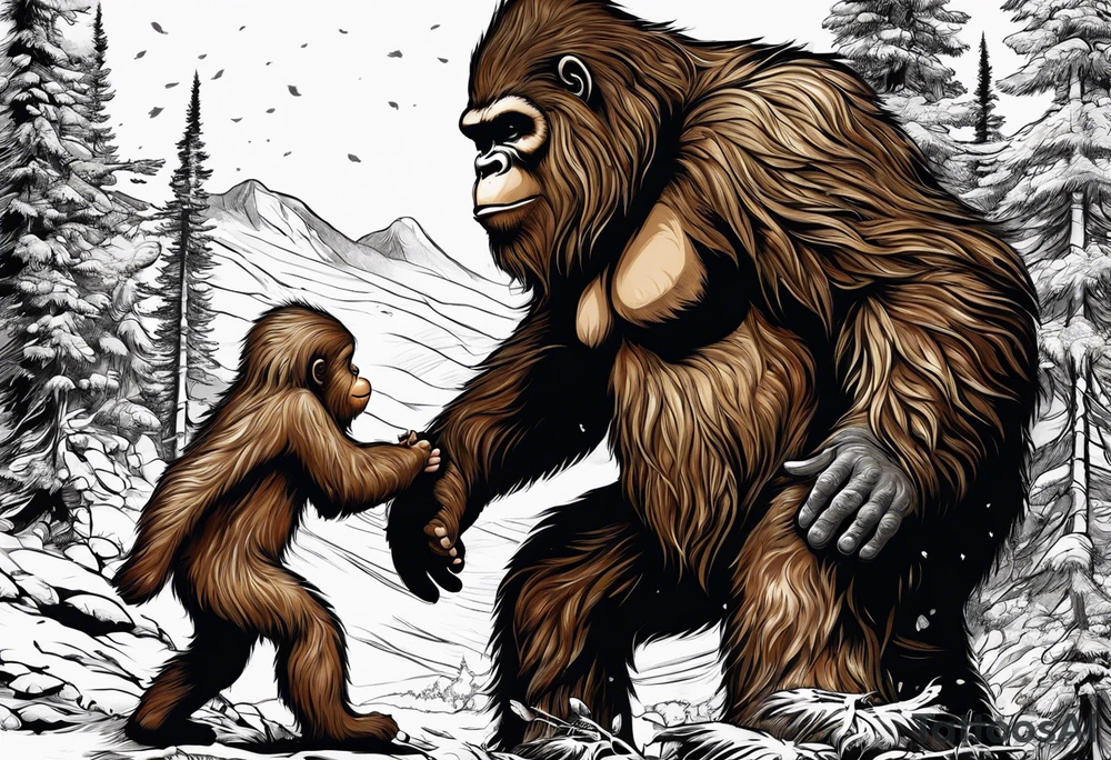 bigfoot feeding a baby bigfoot tattoo idea