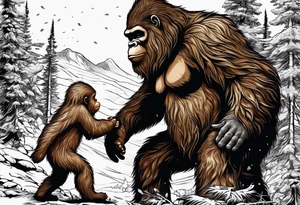 bigfoot feeding a baby bigfoot tattoo idea