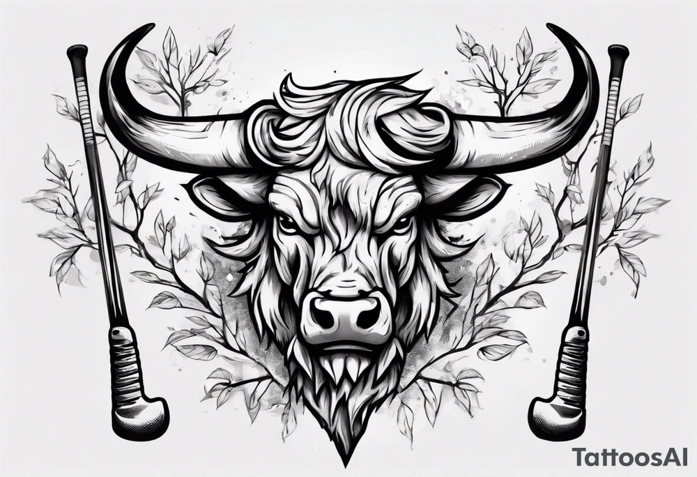A design that includes a bull head trees and a hockey stick tattoo idea