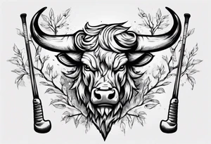 A design that includes a bull head trees and a hockey stick tattoo idea