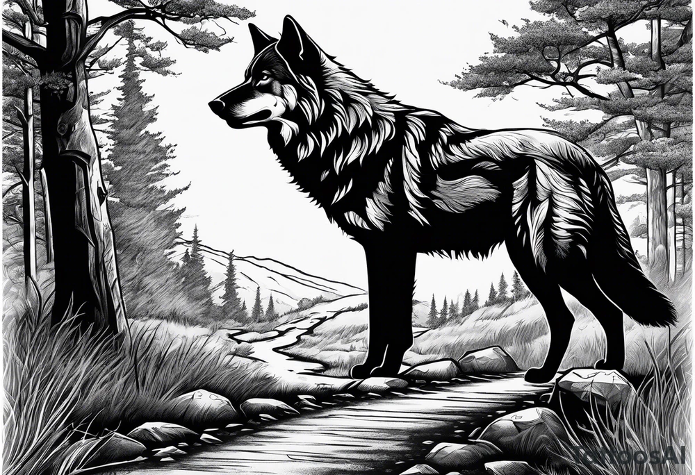 Lone wolf on a path or road. A pack of animals on the opposite end of road. tattoo idea
