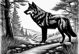 Lone wolf on a path or road. A pack of animals on the opposite end of road. tattoo idea