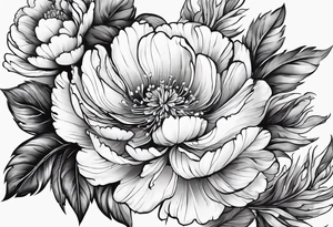 significativo, peonie e foglie legati tra loro che seguono la curva del fianco, rinascita tattoo idea