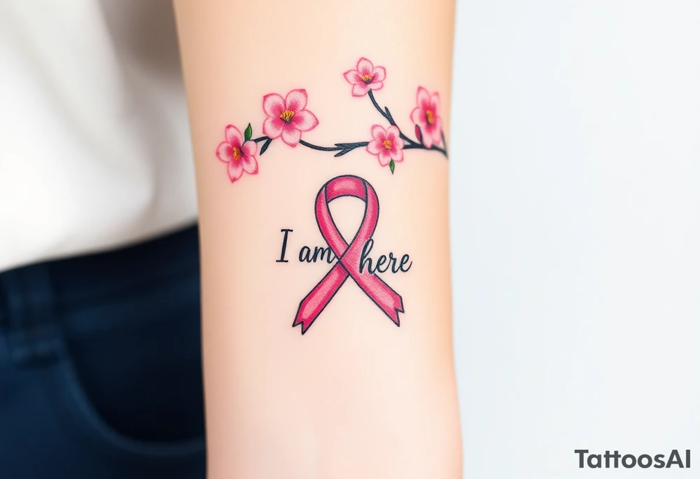 I am here pink ribbon Japanese cherry blossom tattoo idea