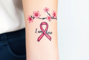I am here pink ribbon Japanese cherry blossom tattoo idea