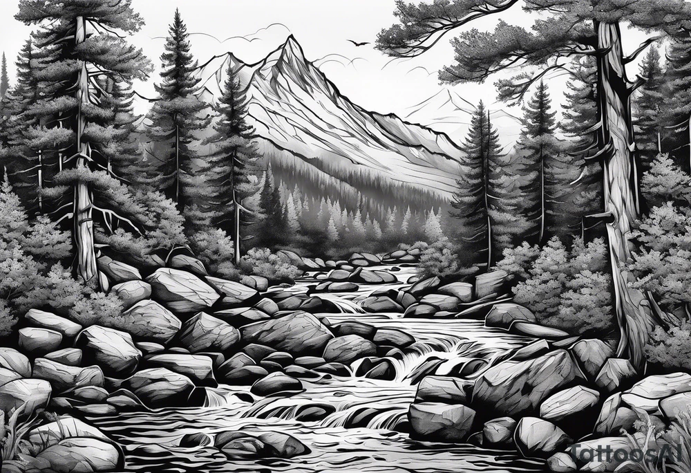 forrest 
river running through rocks and mountains tattoo idea