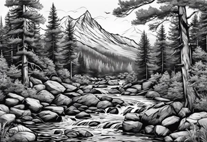 forrest 
river running through rocks and mountains tattoo idea
