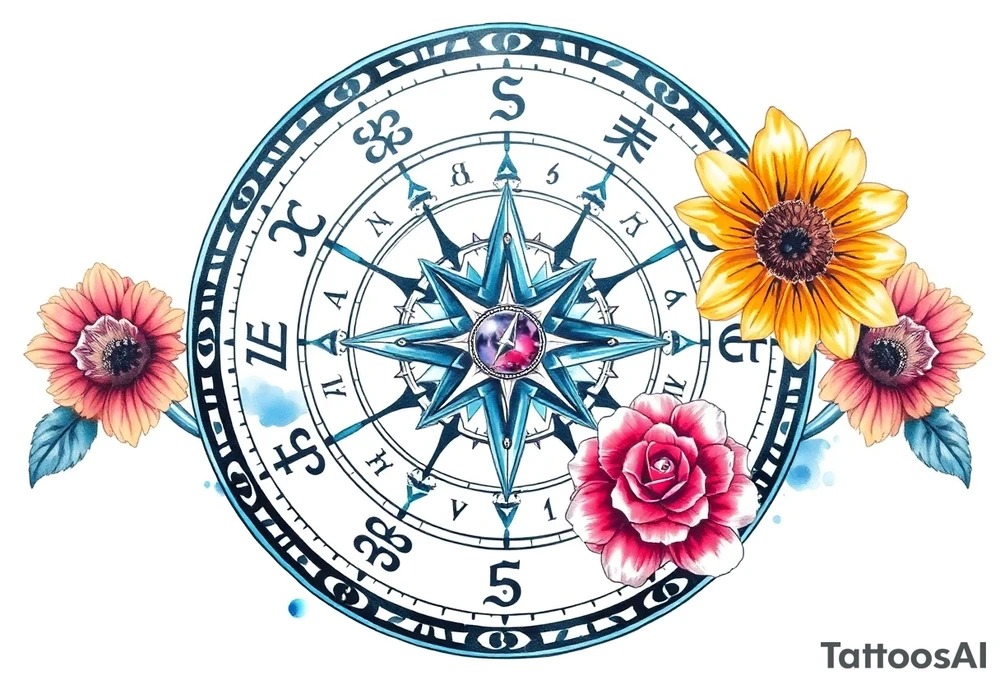 zodiac symbols the elements and Norse runes within ornate compass with roses lilly sunflowers tattoo idea