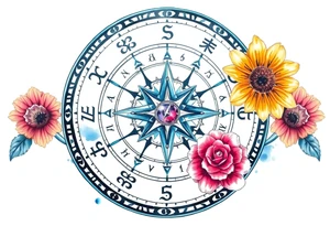 zodiac symbols the elements and Norse runes within ornate compass with roses lilly sunflowers tattoo idea