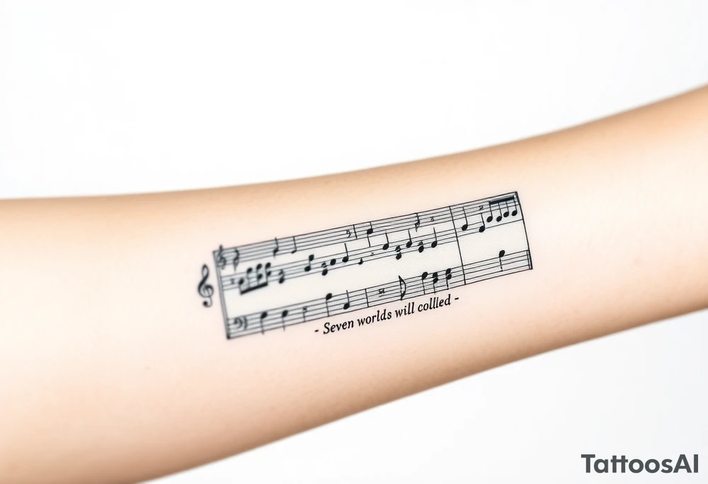Gibson Les Paul guitar with the vocal sheet music for the song Distant sun by crowded house printed on the fret board of the guitar with the vocal music and the words to the line  of the song"Seven worlds will collide" tattoo idea