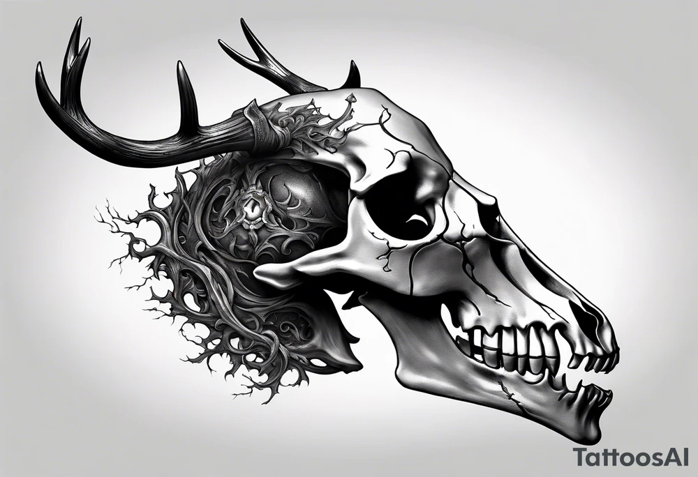 A side view of a decayed deer skull with no skin JUST BONE flames tattoo idea