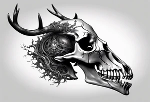 A side view of a decayed deer skull with no skin JUST BONE flames tattoo idea