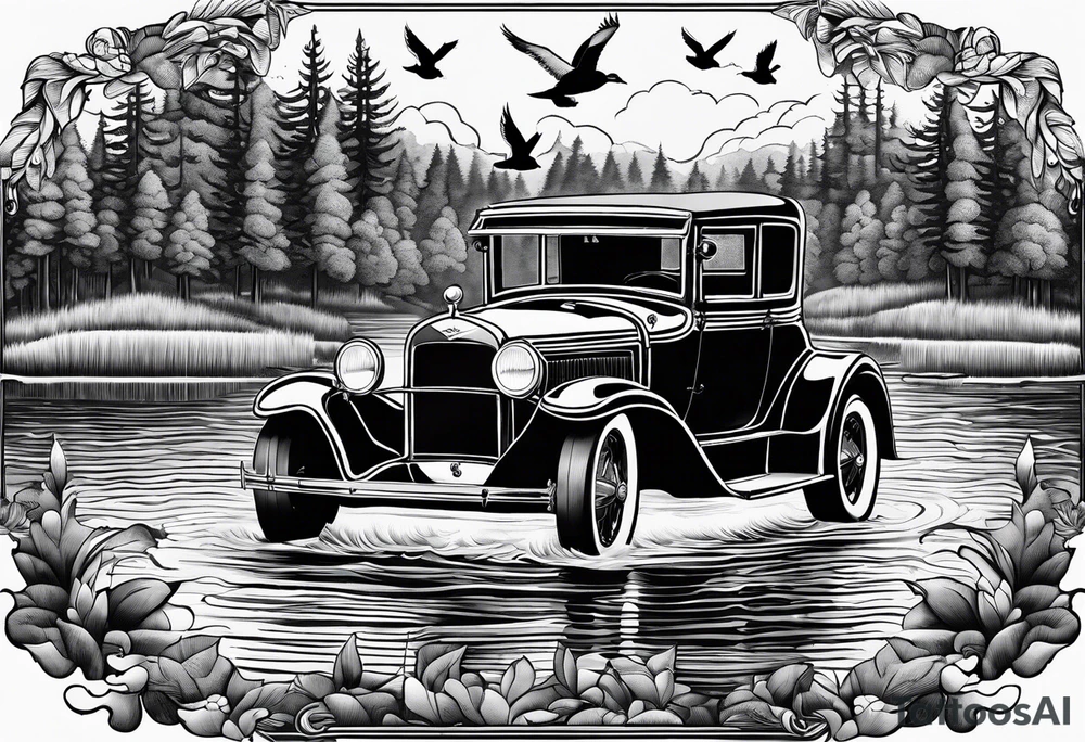 Wooded area with lake, mallards flying, and a model t tattoo idea
