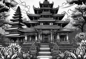 Bali temples black and grey with sunflower tattoo idea