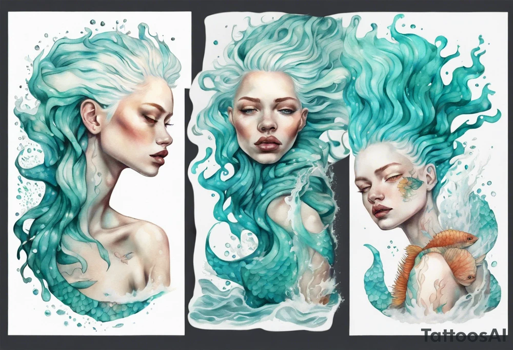 a tall albino woman made of water covered with fish scales with turquoise hair sitting upon a wave tattoo idea