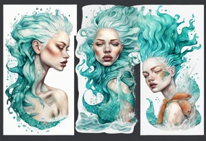 a tall albino woman made of water covered with fish scales with turquoise hair sitting upon a wave tattoo idea
