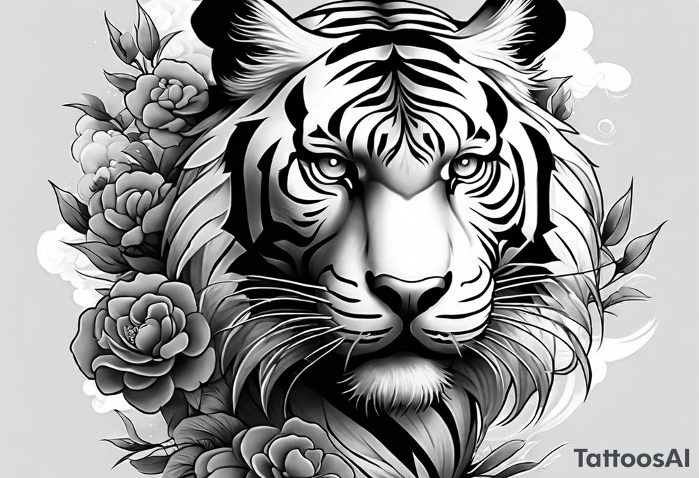 Asian Japanese Chinese style tiger with a full body not just head twisting body for a forearm half sleeve, clouds tattoo idea