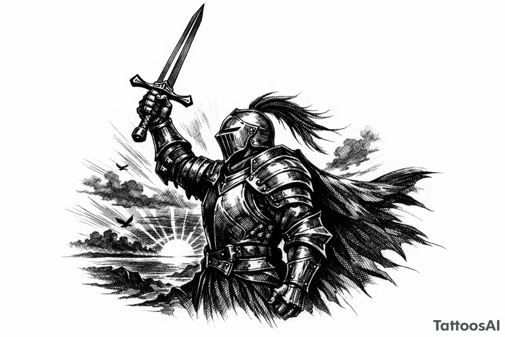 Knight in full ornate armor, sword held high, silhouetted against a dramatic sunset. tattoo idea