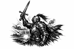 Knight in full ornate armor, sword held high, silhouetted against a dramatic sunset. tattoo idea