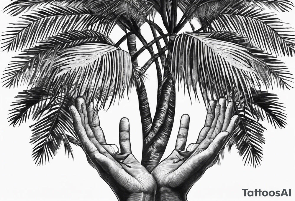 tree palm but swap leaves with hands, it should be surrealistic tattoo idea