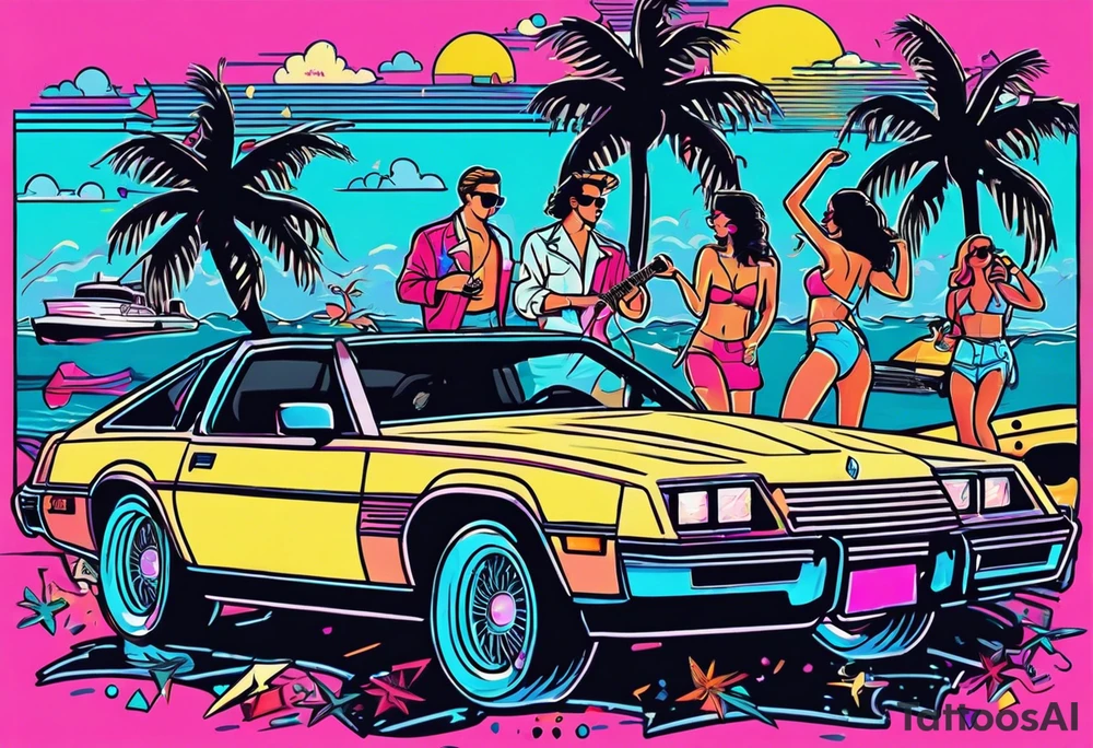 1980's miami vice style dance party with boom box, confetti, music notes in a retro eighties beach theme, no cars tattoo idea