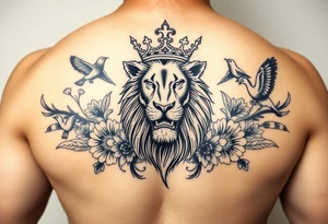 powerful majestic lion with a crown, surrounded by floral ornaments and birds tattoo idea